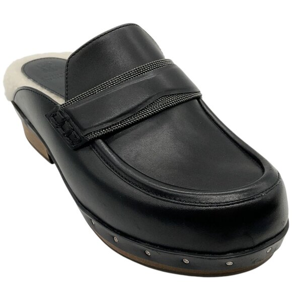 Brunello Cucinelli Black Leather Clogs with Shearling and Monili - Picture 1 of 6